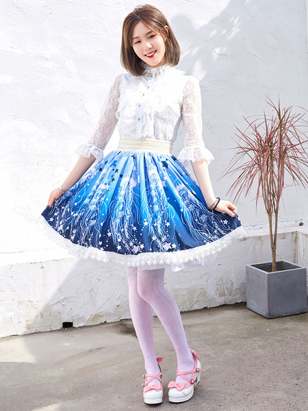 Image of Gonne Lolita con stampa di stelle blu e pizzo Lolita SK