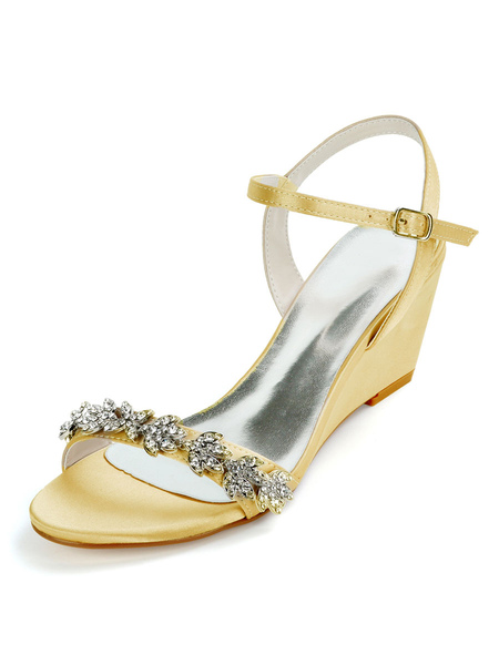 Milanoo Ivory Wedding Shoes Satin Rhinestones Open Toe Wedge Heel Bridal Shoes