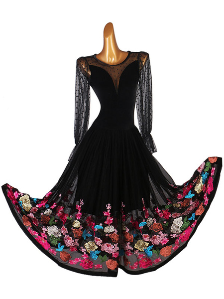 Image of Lycra Spandex Set dal ricamo indossare ballare nero Ballroom Dance Costumi delle donne