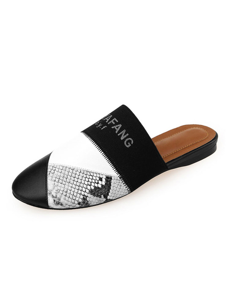 Milanoo Women\'s Mules Leather Black Round Toe Shoes Color Block Slingbacks