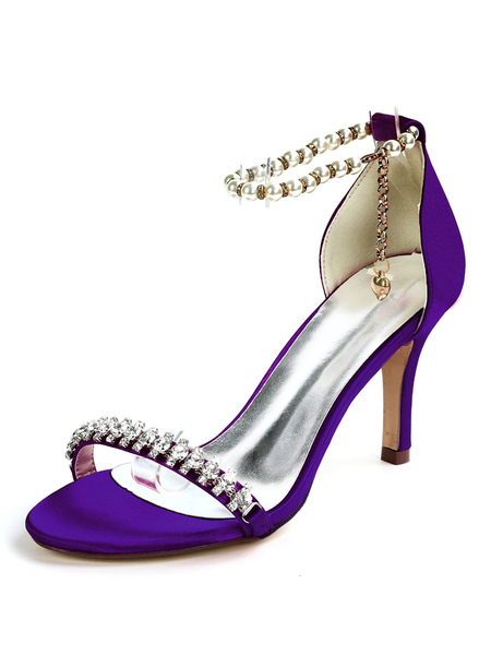 Milanoo Wedding Shoes Deep Purple Satin Rhinestones Open Toe Stiletto Heel Bridal Shoes