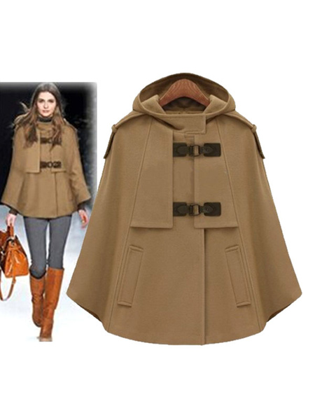 Milanoo Women Poncho Camel Stand Collar Buttons Polyester Cape Academic Outerwear