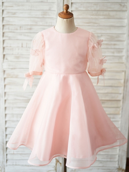 Milanoo Flower Girl Dresses Jewel Neck Short Sleeves Kids Pink Social Party Dresses