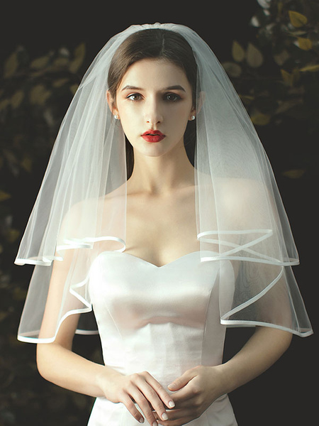 Milanoo Wedding Veil Two-Tier Tulle Ribbon Edge Classic Bridal Veils