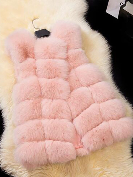 milanoo.com Women\\'s Coats Pink Sleeveless Faux Fur Coat Layered Winter Coat