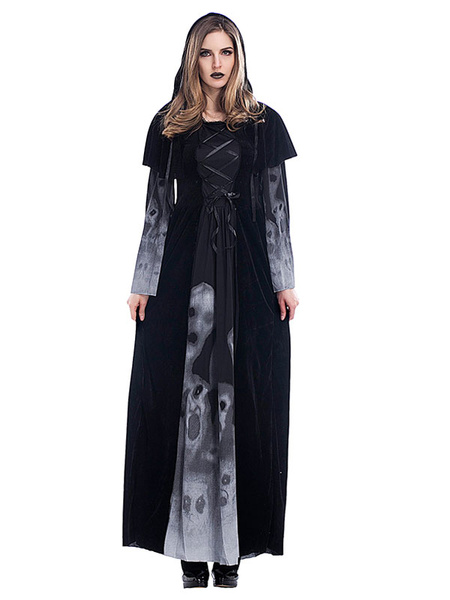 Milanoo Women\'s Carnival Costume Black Polyester Fiber Skull Shaping Vampire Holidays Dress