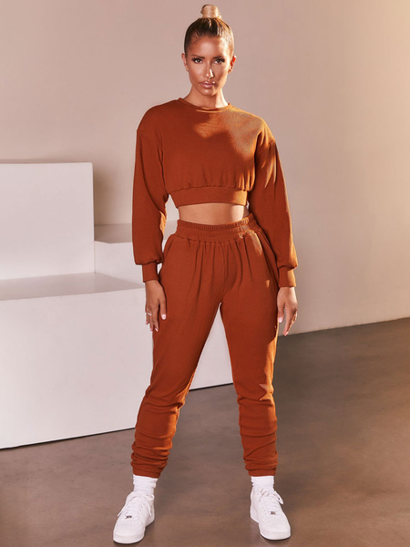 Milanoo Women\'s Loungewear 2-Piece Orange Long Sleeve Polyester Cotton Outfit Lounge Wear