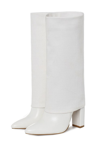 Milanoo Women\'s Mid Calf Boots White Leather Round Toe Chunky Heels