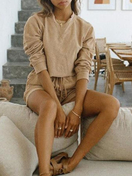 Milanoo Women\'s Loungewear 2-Piece Khaki Jewel Neck Long Sleeve Polyester Cotton Outfit Home Wear