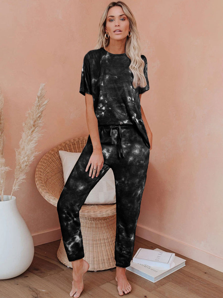Milanoo Women\'s Loungewear 2-Piece Black Jewel Neck Short Sleeve Polyester Cotton Outfit