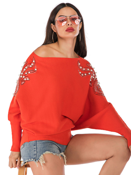 Milanoo Women\'s Shift Dresses Orange Jewel Neck Long Sleeve Attractive Cotton Sweater Tunic Dress
