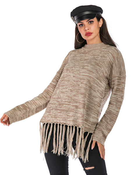 Milanoo Women Pullover Sweater Khaki Jewel Neck Long Sleeves Cotton Tassel Winter Sweaters