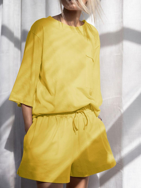 

Milanoo Women' Loungewear 2-Piece Yellow 3/4-Length Sleeve Polyester Cotton Distressed Pattern Out, Ecru white;blue;yellow