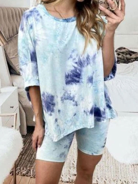 Milanoo Women\'s Loungewear 2-Piece Blue Jewel Neck Long Sleeve Polyester Cotton Outfit