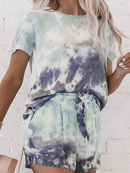 Milanoo Women\'s Loungewear 2-Piece Blue Jewel Neck Short Sleeve Polyester Cotton 3D Print Outfit
