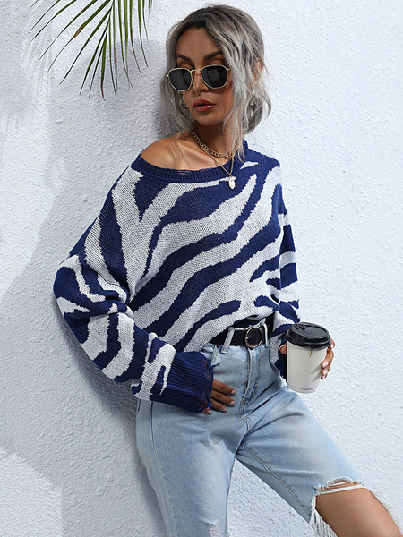 Milanoo Women\'s Pullovers Split Color Zebra Print Jewel Neck Long Sleeves Cotton Sweaters Coats