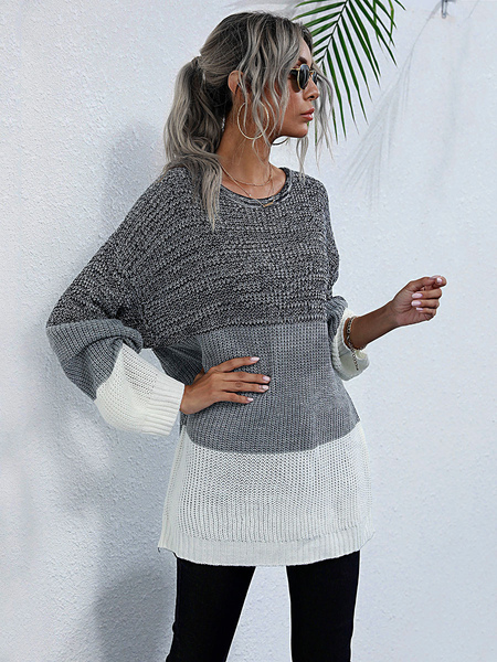 Milanoo Women Pullover Sweater Split Color Block High Collar Long Sleeves Cotton Sweaters Coats
