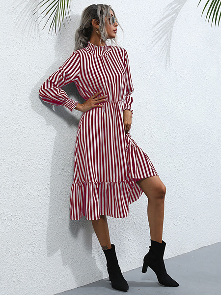 Women Maxi Dresses Long Sleeves Black Stripes High Collar Cotton Stripe Dress