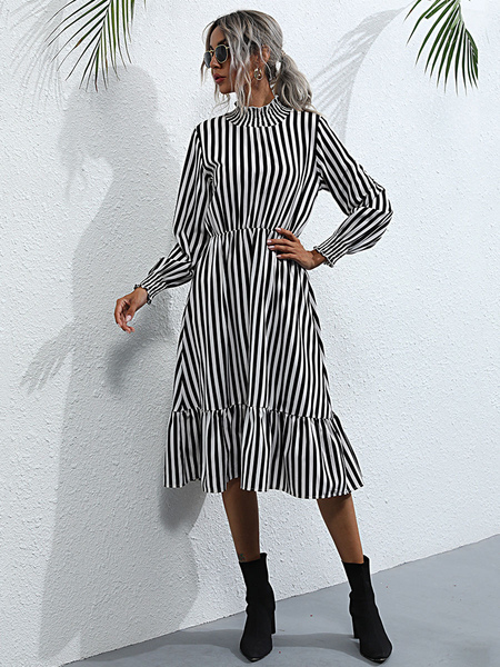Women Maxi Dresses Long Sleeves Black Stripes High Collar Cotton Stripe Dress