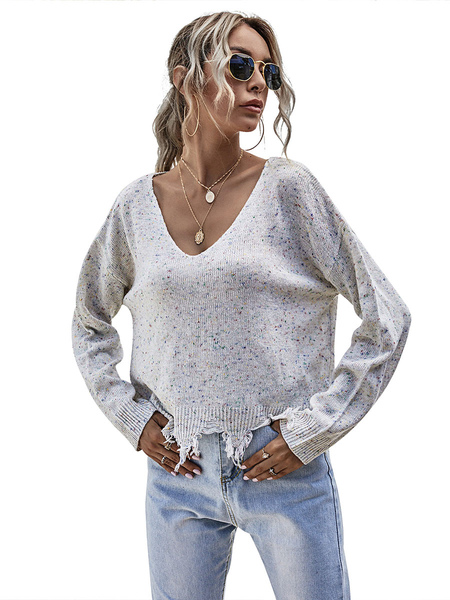 Milanoo Women Pullover Sweater Ecru White Printed V-Neck Long Sleeves Cotton Casual Sweaters