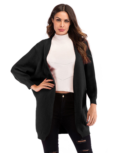 Milanoo Women\'s Sweaters Cardigans Black Cotton V-neck Long Sleeves Winter Coats