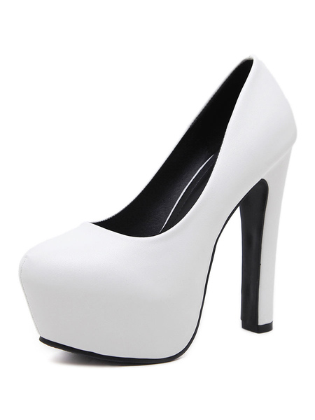 Milanoo Women Sexy High Heels White Almond Toe Leather Chunky Heel Sexy Shoes