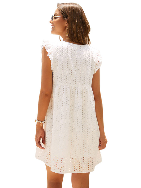 White Shift Dresses Short Sleeve V-Neck Cotton Attractive Summer Tunic Dress