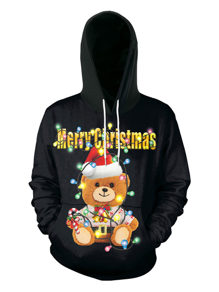Milanoo Black Hoodie Christmas Top Polyester Christmas Pattern Casual Holidays Costumes Teddy Bear H