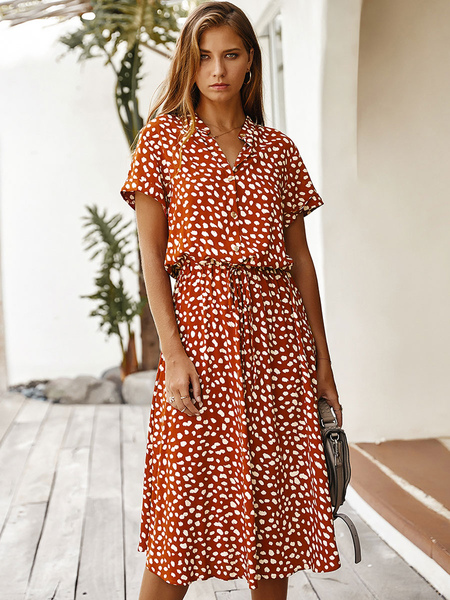 Boho Dress Orange Stand Collar Short Sleeves Polka Dot Medium Length Summer Dress