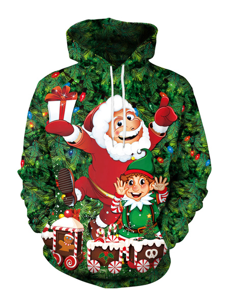 Milanoo Christmas Hoodie Green Top Polyester Fiber Christmas Pattern Casual Holidays Costumes