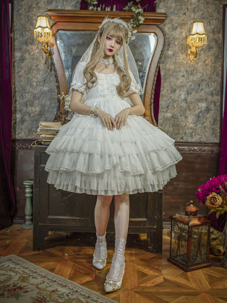 Image of White Sweet Lolita OP Dress Neverland Cascading Ruffles Bows Floral Print Maniche corte Lolita Abiti di un pezzo