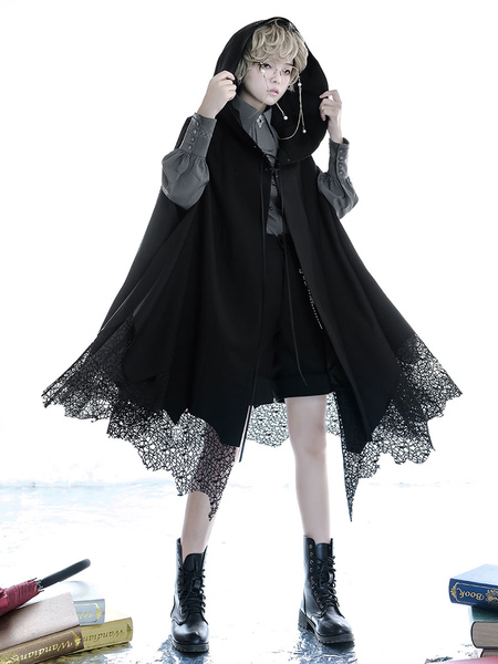 Milanoo Gothic Lolita Poncho Black Polyester Winter Lolita Poncho Cape Outwears