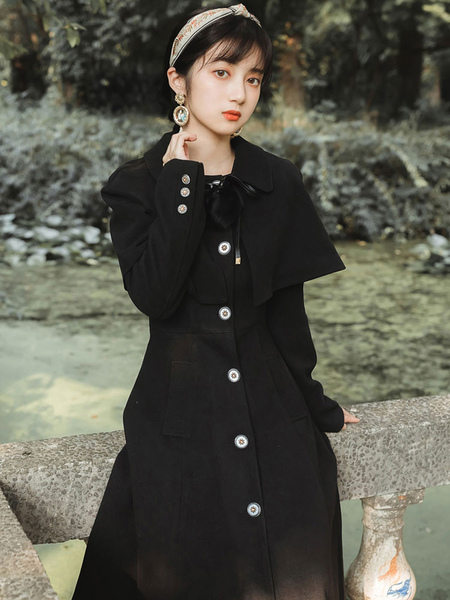 Milanoo Classic Lolita Coats Black Overcoat Long Sleeve Polyester Vintage Winter Lolita Outwears