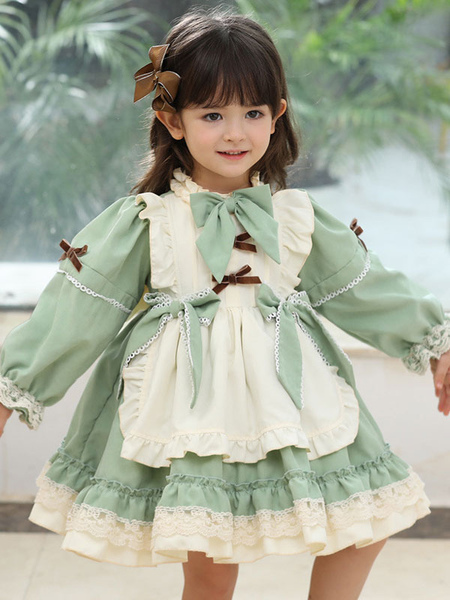 Milanoo Children\'s Sweet Lolita Dress Green Ruffles Polyester Long Sleeve Kids One Piece Dress
