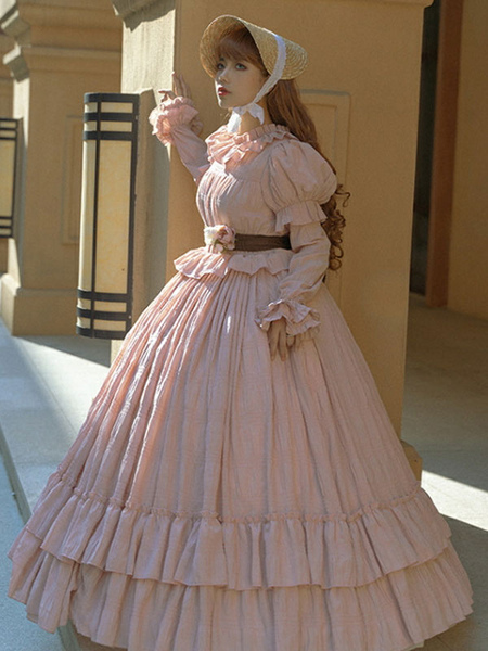 Milanoo Customized Sweet Lolita Vintage Long Dress Bows Pink Ruffles Floral Print Short Sleeves Loli