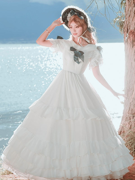 Milanoo Customized Sweet Lolita OP Long Dress Neverland Floral Print White Cascading Ruffles Short S