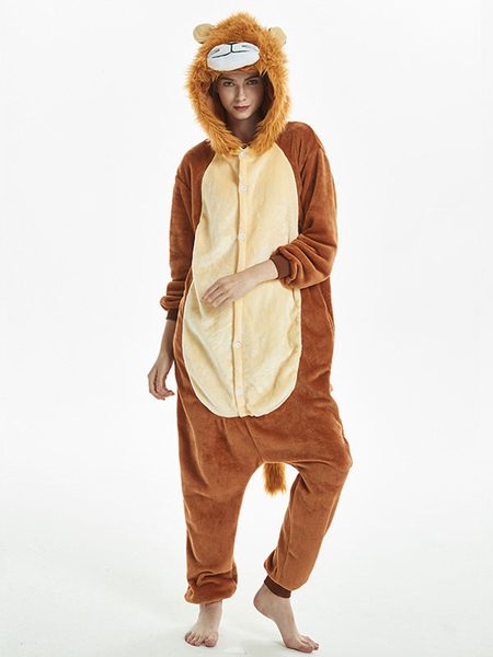 Milanoo Kigurumi Pajamas Adult\'s Animal Onesie Coffee Brown Flannel Jumpsuit Lion Kigurumi Costumes