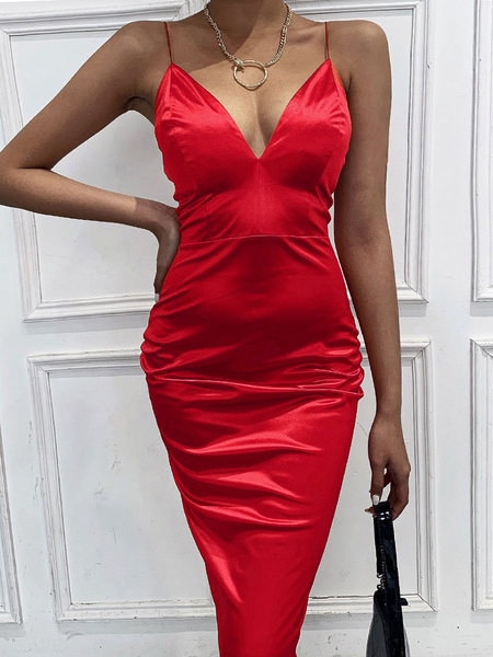 Milanoo Women\'s Red Bodycon Dresses V Neck Sexy Sleeveless Polyester Pencil Dress