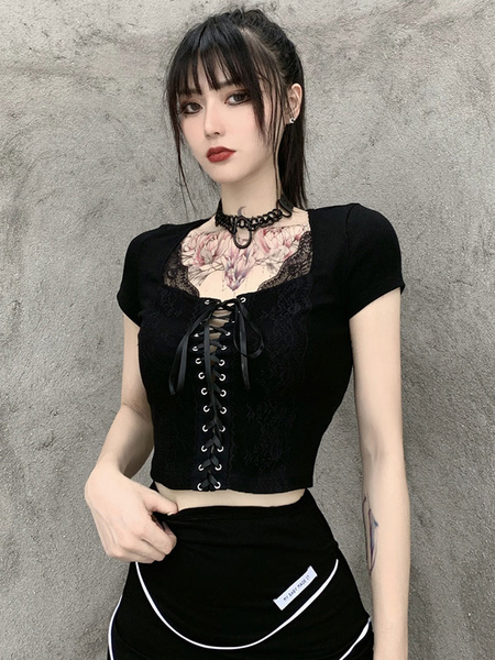 Milanoo Women\'s Black Gothic Lolita Blouses Lace Up Short Sleeves Lolita Top Black Lolita Shirt