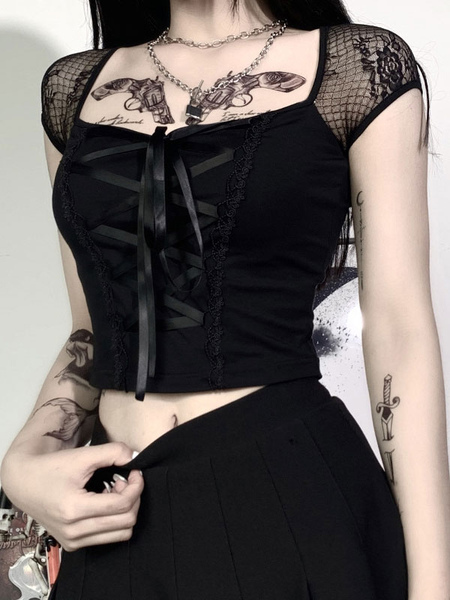 Image of Camicia gotica nera da donna Top gotico a maniche corte con collo quadrato in cotone sexy