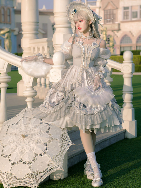 Sweet Lolita Wedding OP Dress Floral Print Light Gray FlowersÂ Bows Lolita One Piece Dresses
