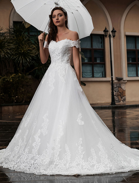 

Milanoo Princess Wedding Dress Off-The-Shoulder Short Sleeves Natural Waist With Train Bridal Dresse, Ivory