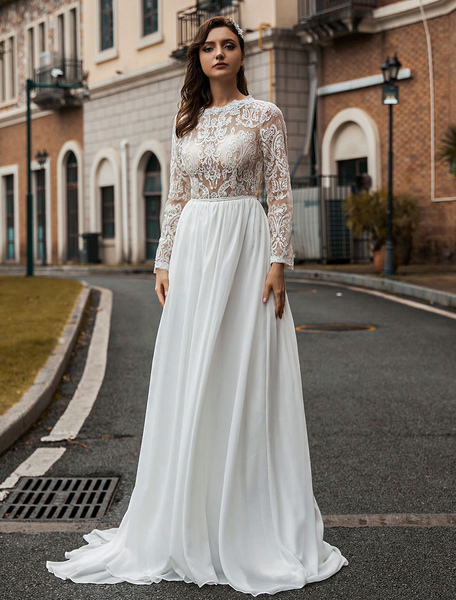 Milanoo Einfache Hochzeitskleid Spitze Jewel Hals Lange Ärmel Chiffon a-line 30cm Brautkleider