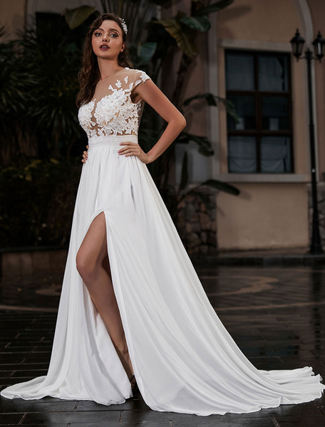 Milanoo Wedding Dress Beach A-Line Silhouette Jewel Neck Lace Bodice Chiffon Wedding Gown