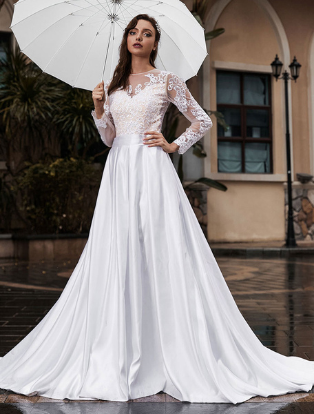 Milanoo Hochzeitskleid Prinzessin Silhouette Gericht Zug Juwel Neck Lange Ärmel Natürliche Taille Sp