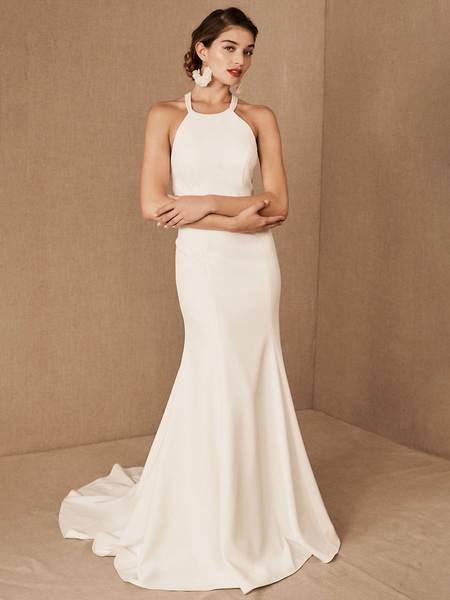 milanoo.com Wedding Dress Halter Sleeveless Bows With Train Bridal Gowns