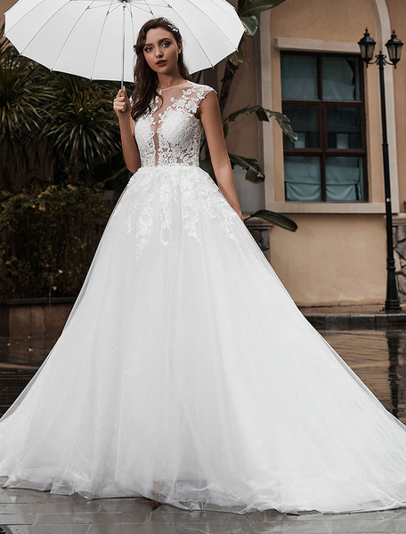 Milanoo Pricess Wedding Dress Lace Bodice Tulle Satin Fabric Sweep Train Applique Wedding Gown