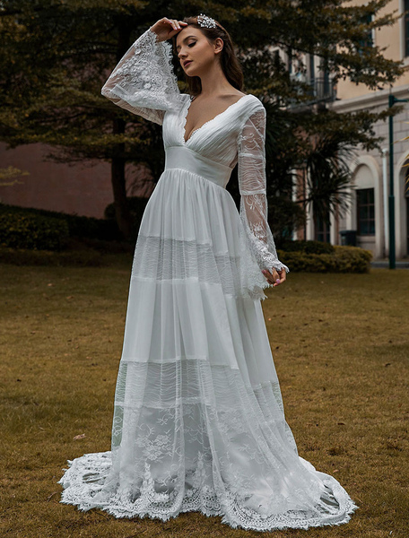 Milanoo Bridal Gowns Boho Wedding Dress Long Sleeves Lace V-Neck Lace Chiffon Wedding Gowns
