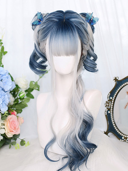 Milanoo Harajuku Fashion Lolita Wigs Blue Long Heat-resistant Fiber Highlighting Hair Lolita Accesso