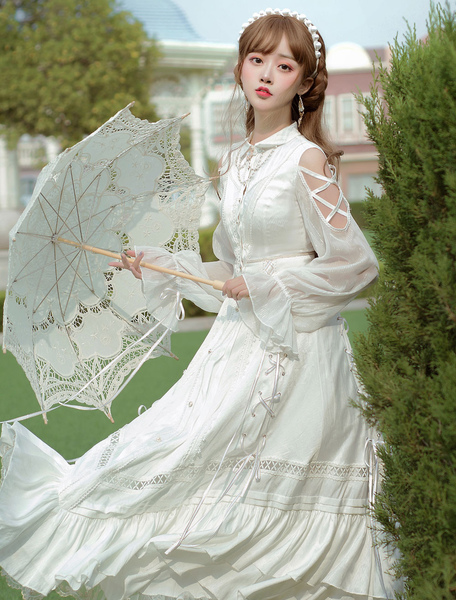 Milanoo Sweet Lolita OP Dress White Lace Up Cascading Ruffles Long Sleeves Lolita Dresses